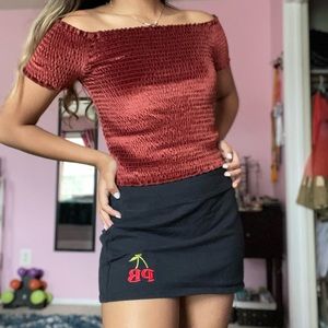 Rust brown off the shoulder velvet top